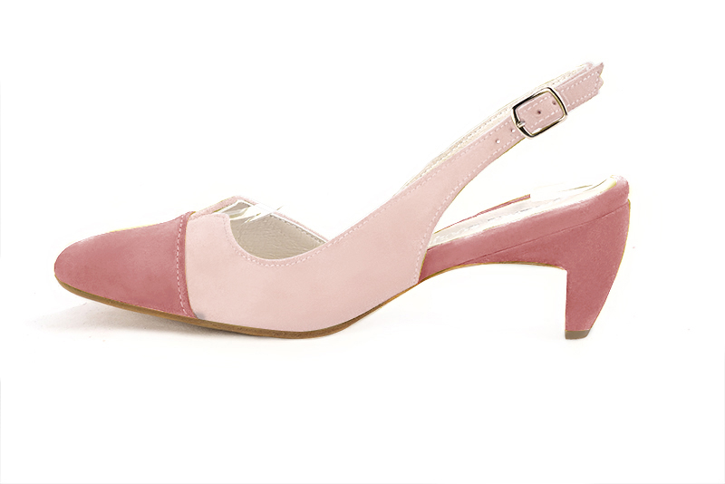 Dusty rose pink women's slingback shoes. Round toe. Medium comma heels. Profile view - Florence KOOIJMAN